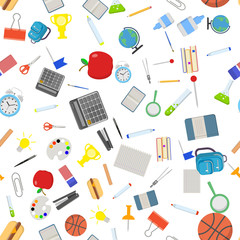 Different school objects in good seamless pattern. Flat vector illustration background.