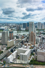 Aerial view from above on Tokyo suburb on sunny day