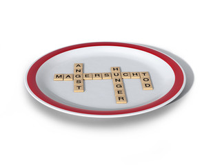 Buchstabenspielsteine auf leerem Teller, Magersucht