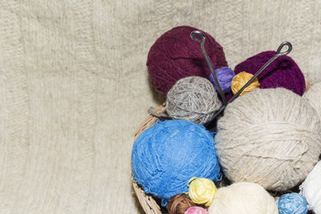 tangles of of wool in a basket on table