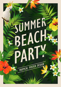 Summer beach party poster design template with palm trees, banner tropical background. Vector illustration. 