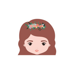 colorful caricature closeup front view face woman with wavy short hairstyle and crown decorate with flowers