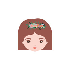 colorful caricature closeup front view face woman with straigh short hairstyle and crown decorate with flowers