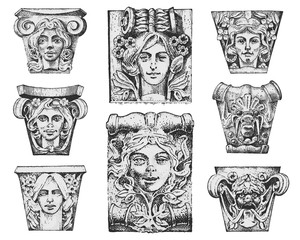 Detail ancient classic building. architectural ornamental elements. showing Tuscan, Doric, Ionic and Roman column. engraved hand drawn in old sketch, vintage and Antique, baroque or gothic style.