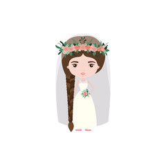 colorful caricature cute woman in wedding dress with braids hairstyle