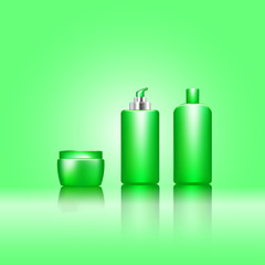 Premium cosmetic ads, green bottle . 3D vector illustration.