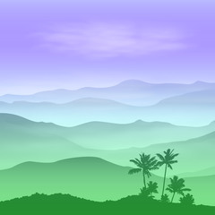 Background with palm tree and green mountains in the fog