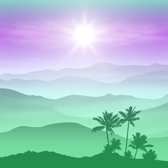 Background with palm tree and green mountains in the fog