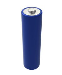 3D realistic render of AA blue alkaline battery on a white background, isolated, with shadow 