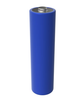 3D realistic render of AA blue alkaline battery on a white background, isolated, with shadow 