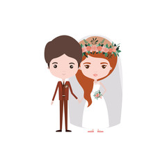 Obraz na płótnie Canvas colorful caricature newly married couple groom with formal wear and bride with wavy side long hairstyle