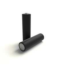 3D realistic render of AA black alkaline battery on a white background, isolated, with shadow 