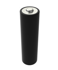 3D realistic render of AA black alkaline battery on a white background, isolated, with shadow 