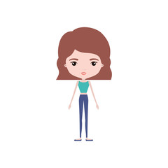 colorful caricature skinny woman in clothes with wavy short hairstyle