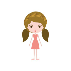 colorful caricature skinny woman in dress with double pigtails hairstyle and braid