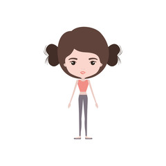 colorful caricature skinny woman in clothes with double bun hairstyle