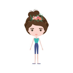 colorful caricature skinny woman in clothes with bun collected hairstyle and flower crown accesory