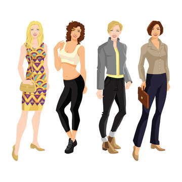 Vector illustration of young women in different clothes. Various of woman's hairstyle