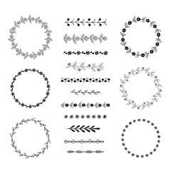 Hand drawn floral frames and brushes. Vector illustration.