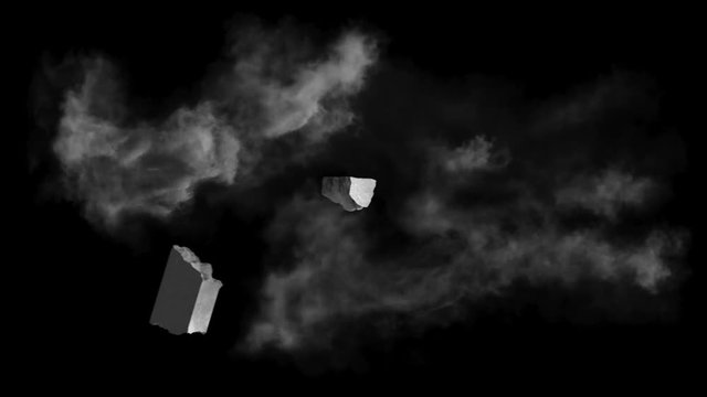 Three large fragments of concrete fly leaving trail of dust, with alpha mask