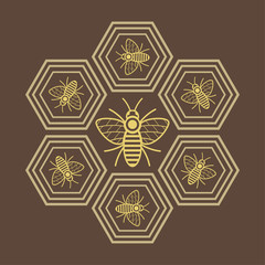 logo design of a bee within a hexagon on the honeycomb background honey products