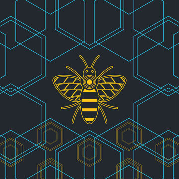 Emblem bee in on a dark background linear hexagons honey products design