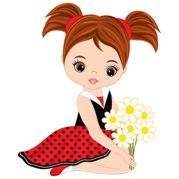 Vector Cute Little Girl with Flowers