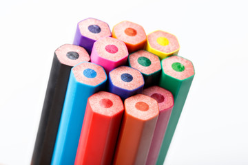 Color pencils isolated on white background. Many different colored pencils. Colored drawing pencils in a variety of colors