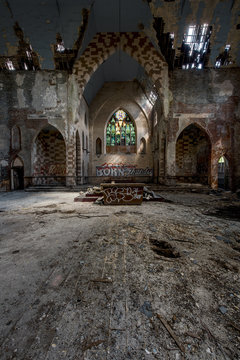 Broken Stained Glass Windows & Collapsing Floor at Altar - Abandoned Church