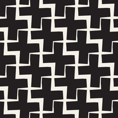 Vector Seamless Black And White Lines Pattern Abstract Background. Cross Shapes Geometric Tiling Ornament.