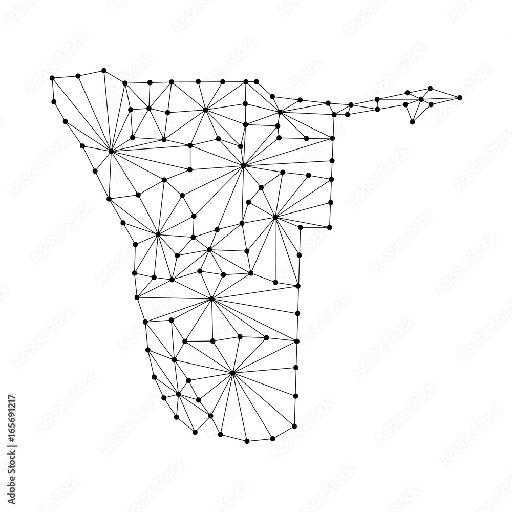 Poster namibia map of polygonal mosaic lines network, rays and dots vector illustration.