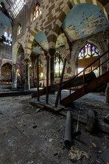 Fototapeta na wymiar Broken Stained Glass Windows & Collapsing Floor - Abandoned Church