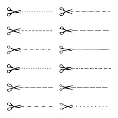 Set of scissors with cut lines, vector illustration