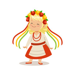 Blonde girl wearing national costume of Ukraine, colorful character vector Illustration