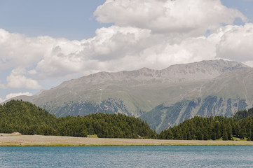 Champfèr, Champfèrsee, Seeufer, Bergsee, Muottas Muragl, Schafberg, Alpen, Engadin, Oberengadin, Wanderweg, Graubünden, Sommer, Schweiz