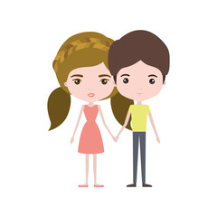 colorful caricature thin couple in clothes of young man and woman with double pigtails braided hairstyle holding hands