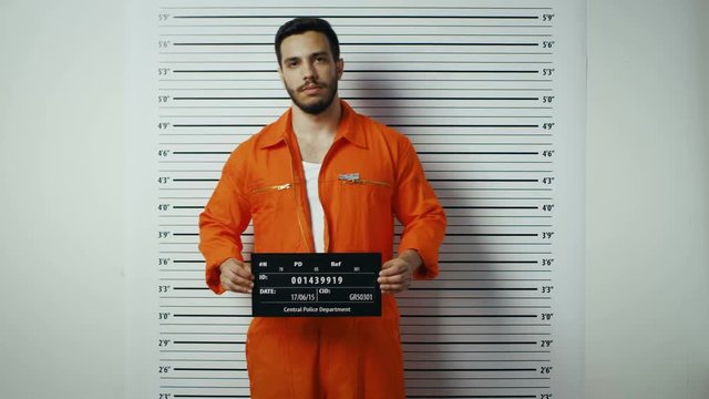 In a Police Station Arrested Man Steps in and Gets Side, Front-View Mugshot. He's in a Prisoner Orange Jumpsuit and Holds Placard. Height Chart in the Background. 4K UHD.