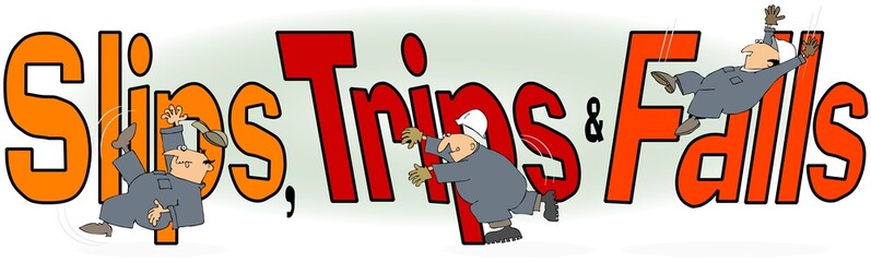Illustration of the words, slip, trip and fall with a male worker in coveralls mirroring the actions.