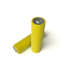 3D realistic render of AA yellow alkaline battery on a white background, isolated, with shadow
