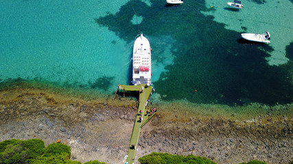 Aerial drone photo of Monolia island exotic beach with sapphire and turquoise clear waters, called...