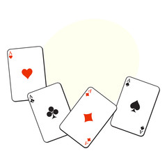 Set of hearts, spades, clubs and diamonds ace playing cards, sketch vector illustration with space for text. Set of playing cards, ace of all four suits - hearts, spades, clubs and diamonds
