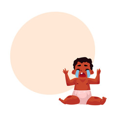 Front view portrait of cute black, African American baby, child in diaper sitting, crying hard, cartoon vector illustration with space for text. Crying black, African American baby in diaper