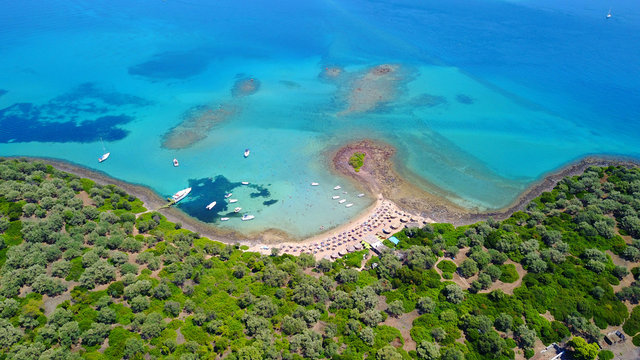 Aerial drone photo of exotic beaches with sapphire and turquoise clear waters, called the "Seychelles" of Greece, Lihadonisia island complex, North Evoia gulf, Greece