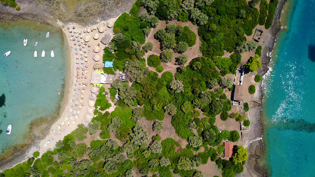Aerial drone photo of exotic beaches with sapphire and turquoise clear waters, called the "Seychelles" of Greece, Lihadonisia island complex, North Evoia gulf, Greece