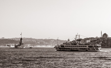 Fototapeta premium Sea voyage to Bosporus channel on the ferry boat of Istanbul. Turkish steamboat voyage.
