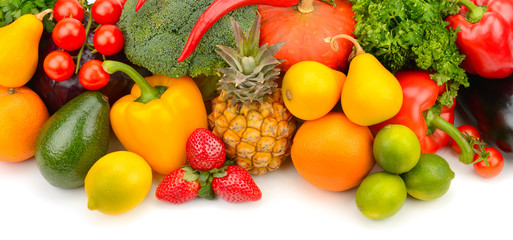 fruits and vegetables on white background