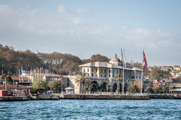 Naklejka premium ISTANBUL, TURKEY, APRIL 20, 2017: Sea voyage to Bosporus channel on the ferry boat of Istanbul. Turkish steamboat voyage.