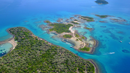 Aerial drone photo of exotic beaches with sapphire and turquoise clear waters, called the...