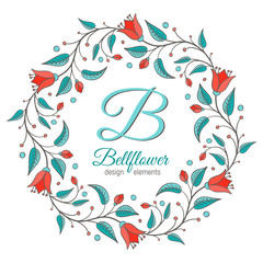 Bellflower design element. Floral wreath frame. Monogram letter B inside. Perfect for wedding invitation design. Harebell bluebell vector illustration.