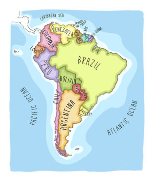 Hand drawn vector map of South America.